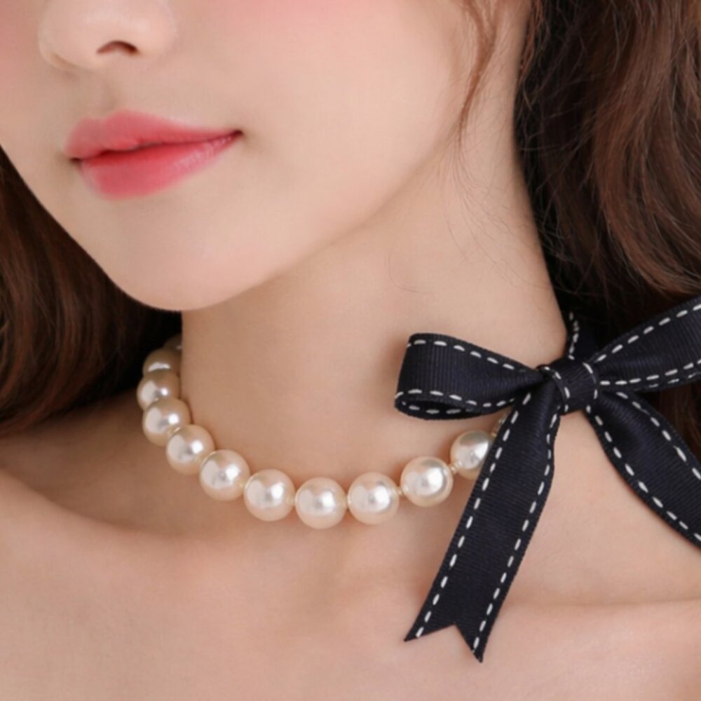 Coquette Balletcore Pearl Bow Choker Adjustable Ribbon Necklace